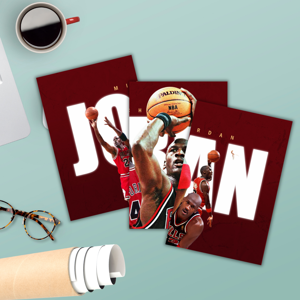 Basketball Player Michael Jordan 3 Split Poster Basketball Legend Wall Art for Room, Gym & Office Decor Hostel Sports Room Gift For Fan Boys Men Wallpaper Stickers