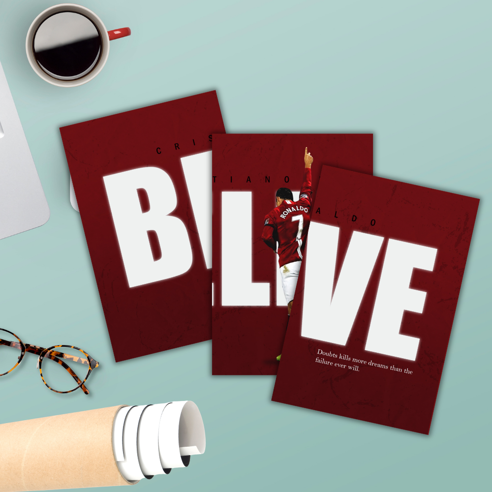 Footballer Cristiano Ronaldo 3 Split Poster Soccer Wall Art For Sports Room Office Bedroom Hostel Gym Gift For Fan Boys Men Wallpaper Stickers