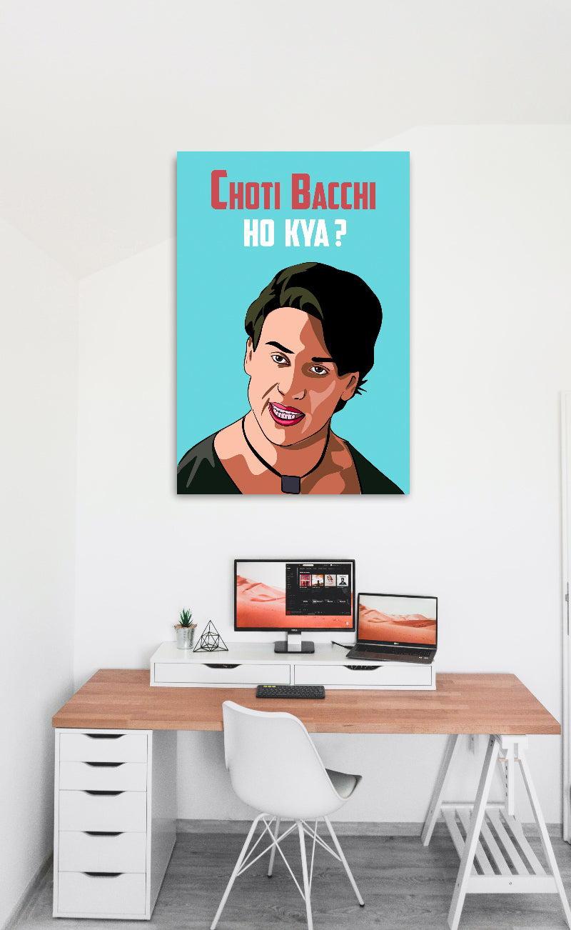A colorful poster featuring a cartoon-style image of a Bollywood actor with the text 'Choti Bacchi Ho Kya?' printed above.
