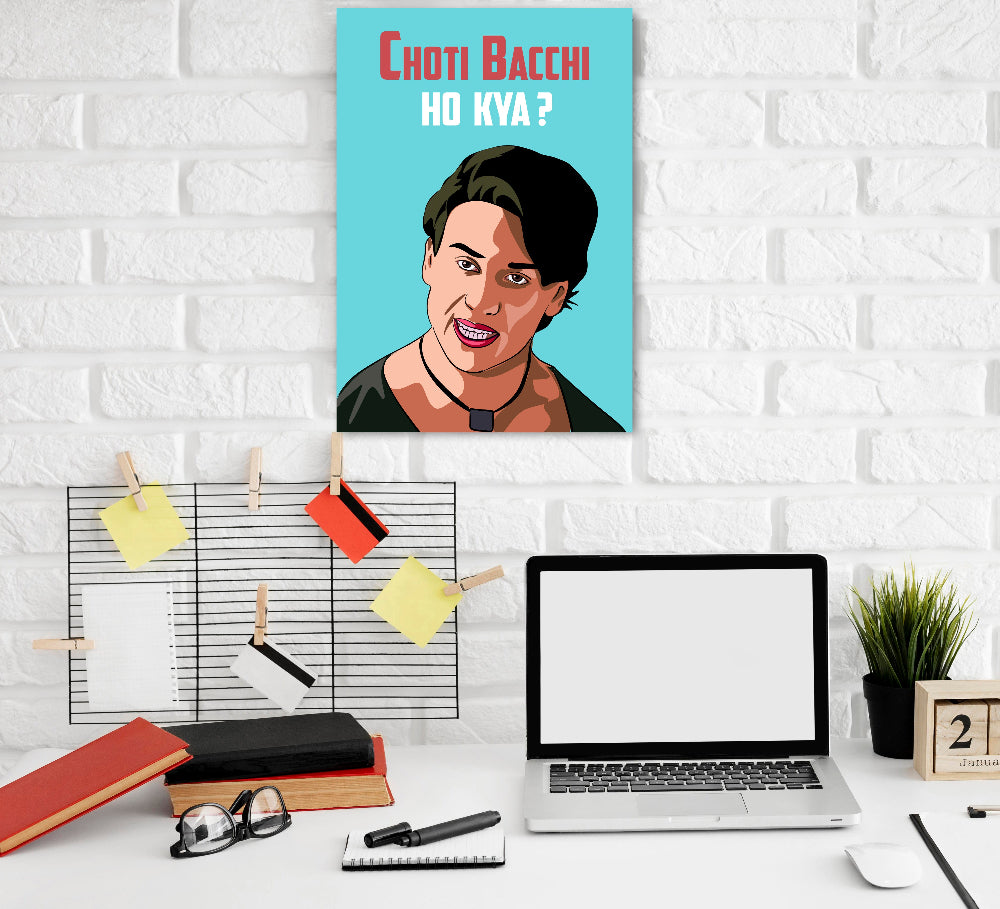 A colorful poster featuring a cartoon-style image of a Bollywood actor with the text 'Choti Bacchi Ho Kya?' printed above.
