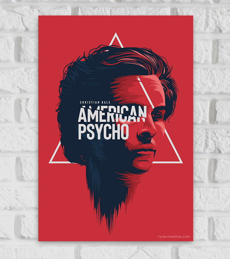 "Minimalist red-toned poster of the film 'American Psycho' featuring a stylized illustration of Christian Bale’s character, Patrick Bateman, with half of his face in shadow. The title 'American Psycho' is prominently displayed across his face in bold white text, with geometric triangle elements in the background adding a modern graphic touch. Hollywood horror film directed by Mary Harron Christian Bale Based on the 1991 novel by Bret Easton Ellis