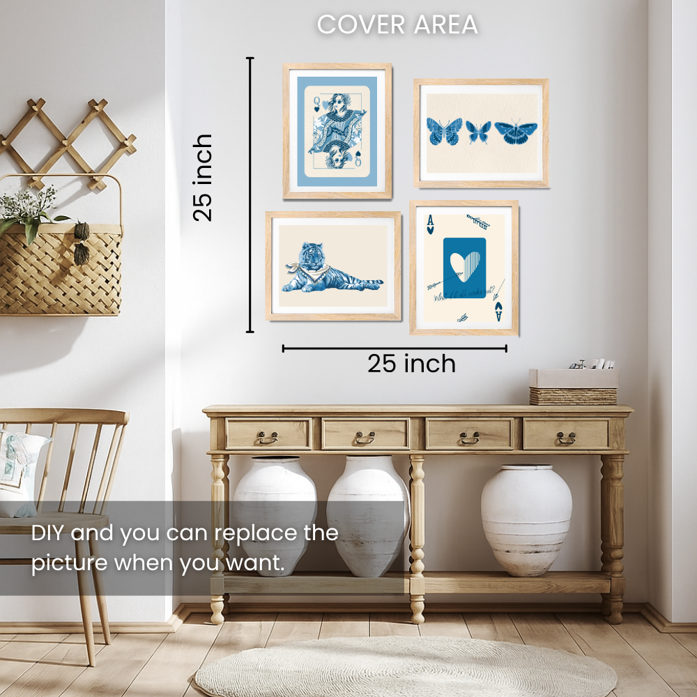 Good Hope Set of 4 Framed Blue Aesthetic Wall Art 10X13 Inch Minimalist Posters with Playing Cards, Butterflies, Tiger & Heart Design Inches for Home Decoration, Living Room