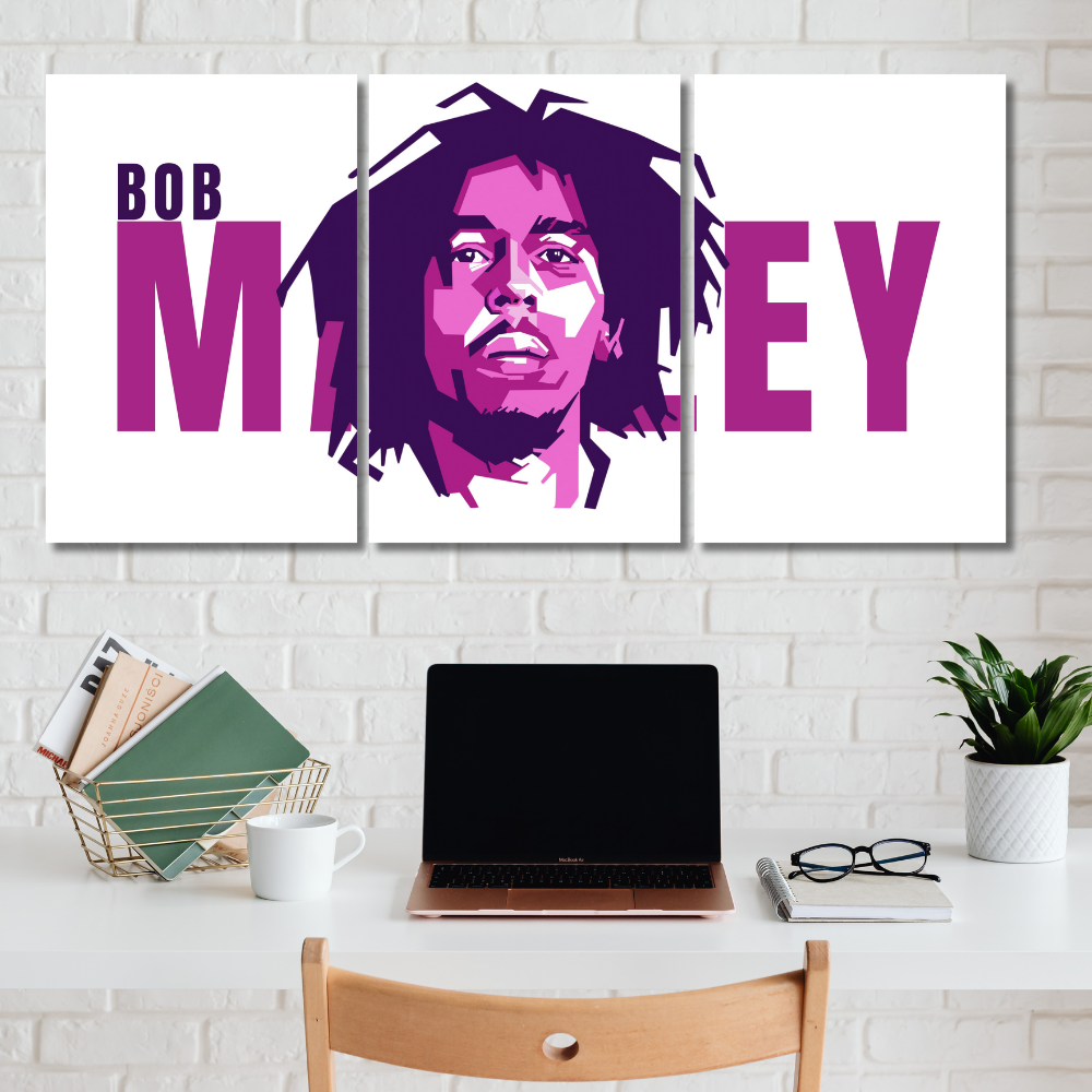 Bob Marley 3 Split Poster – Iconic Reggae Legend Wall Art in Bold Purple Design