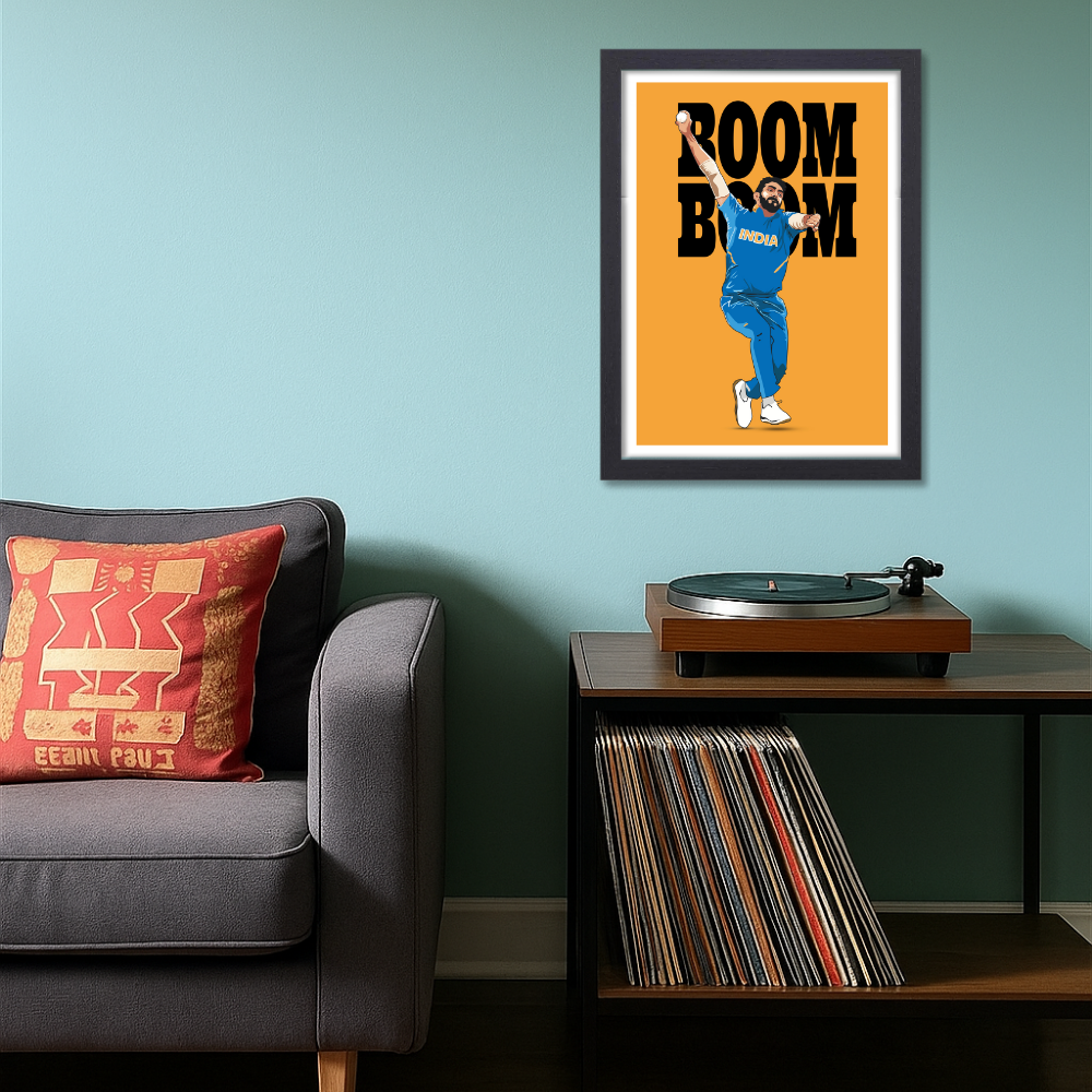 Cricketer Jaspreet Bumrah Poster Frame, Cricket Players Photo frames, Cricketers Framed Posters for wall decor, room decor, livingroom, Posters for Boys rooms, hostel Cricket fans
