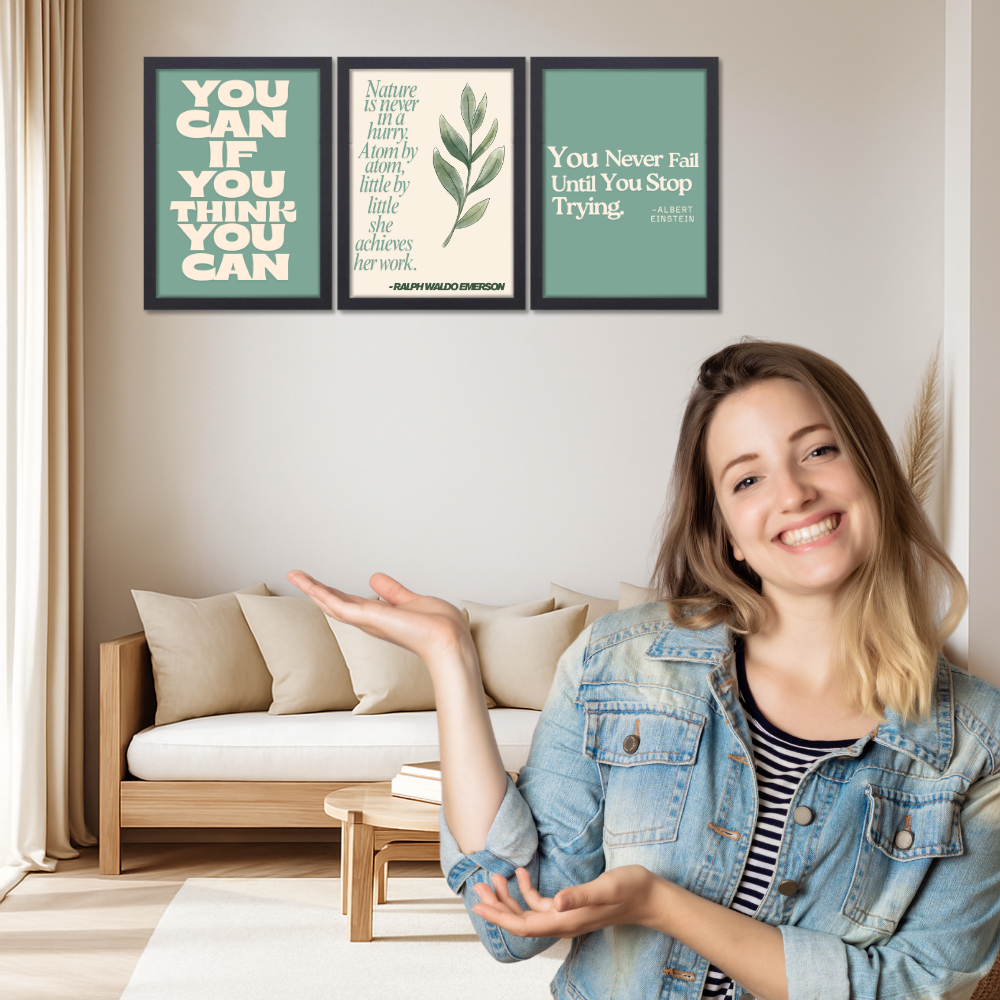 Aesthetic Motivational Posters – Set of 3 Poster framed | Minimal Wall Art with Quotes by Albert Einstein & Ralph Waldo Emerson | Positive Affirmation Decor for Bedroom, Study, Office with frame or without frames