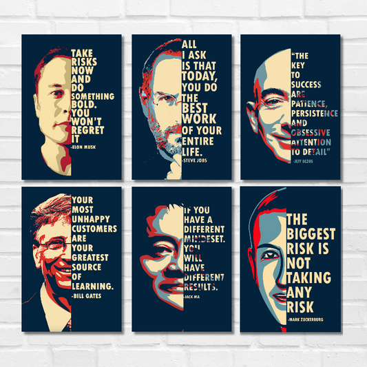 Elon Musk Steve Jobs Jeff Bezos Bill Gates Jack Maa Mark Zukerburg Insping Motivational Quote Anything Everything Red Blue Color Wall Decor Decoration Positive Vibes Matte Finish Combo of 6 Poster Frame