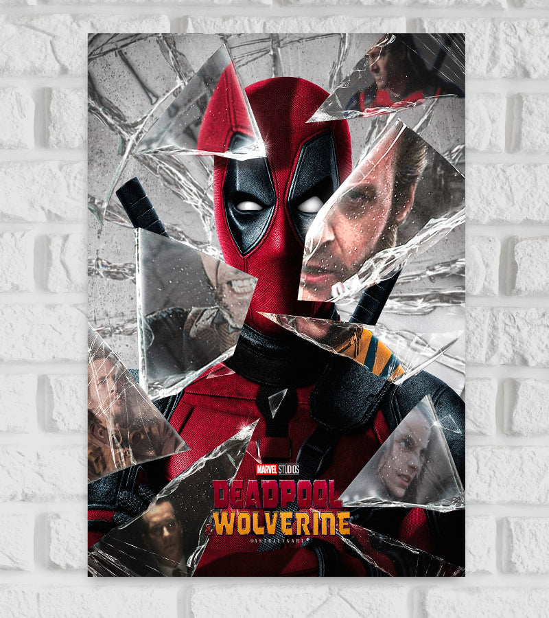 "Poster of the movie 'Deadpool & Wolverine' featuring Deadpool in his iconic red and black suit at the center, seen through shattered glass. Reflections of Wolverine and other characters appear in the broken glass shards, suggesting conflict and multiple storylines. The title 'Deadpool & Wolverine' is displayed at the bottom with the Marvel Studios logo above it." American superhero film based on Marvel Comics Hollywood Action Actor Actress
