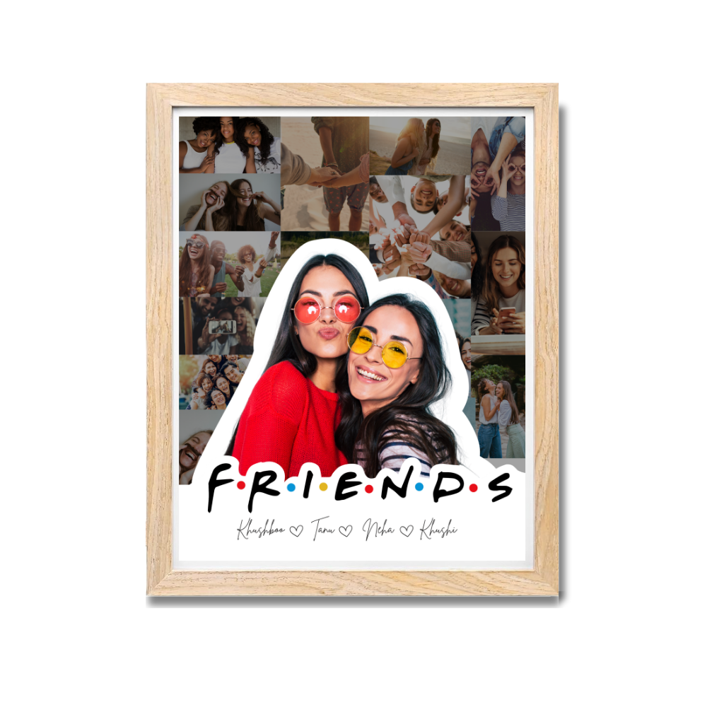 Custom Friends Photo Collage Frame – F.R.I.E.N.D.S Theme with Wooden Frame Personalized Gift for Best Friends Available in Poster, Frame & Canvas, wooden frame for best friends, personalized gift for BFFs, friendship day photo collage, photo frame for girl gang, group friend photo gift, custom wall art for friends, amazon friends frame design, wooden photo frame for bestie, canvas friendship collage, personalized frame for Family couples and friends