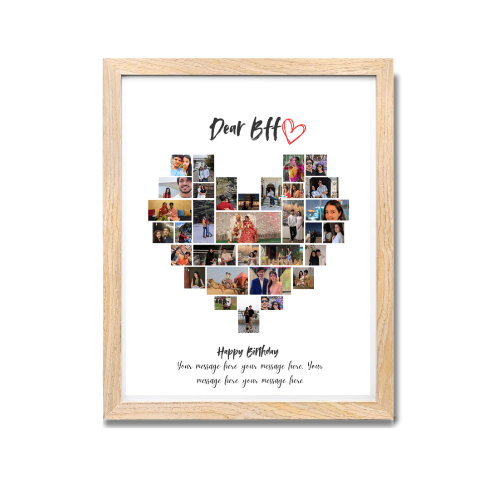 Personalized Wooden Frame Wall Art (Available in Poster, Frame & Canvas) Custom Birthday Gift for Best Friend with Message & Photos, best friend photo frame birthday gift, wooden frame friendship collage, dear bff custom photo gift, heart-shaped collage wall art