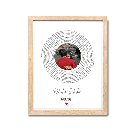 Custom Circular Text Photo Frame – Personalized Wooden Frame Wall Art with Couple Name & Date, natural wooden finish, this piece is a timeless keepsake. Ideal for anniversaries, weddings, or surprise gifts for your partner, it's available in poster, canvas, and wooden frame formats to match every decor style.
