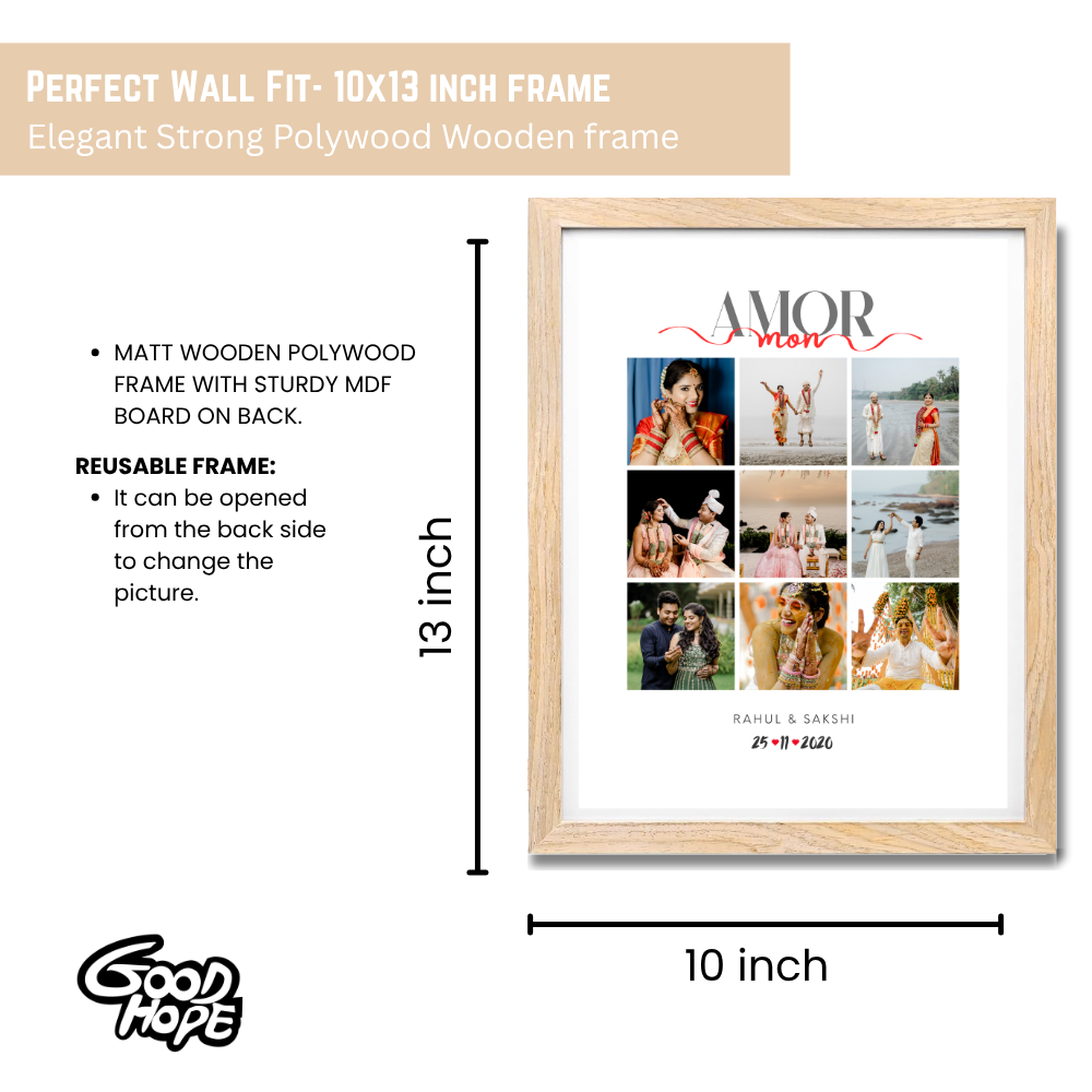 Custom Wedding Photo Collage Frame – Amor Mon Design with Wooden Frame