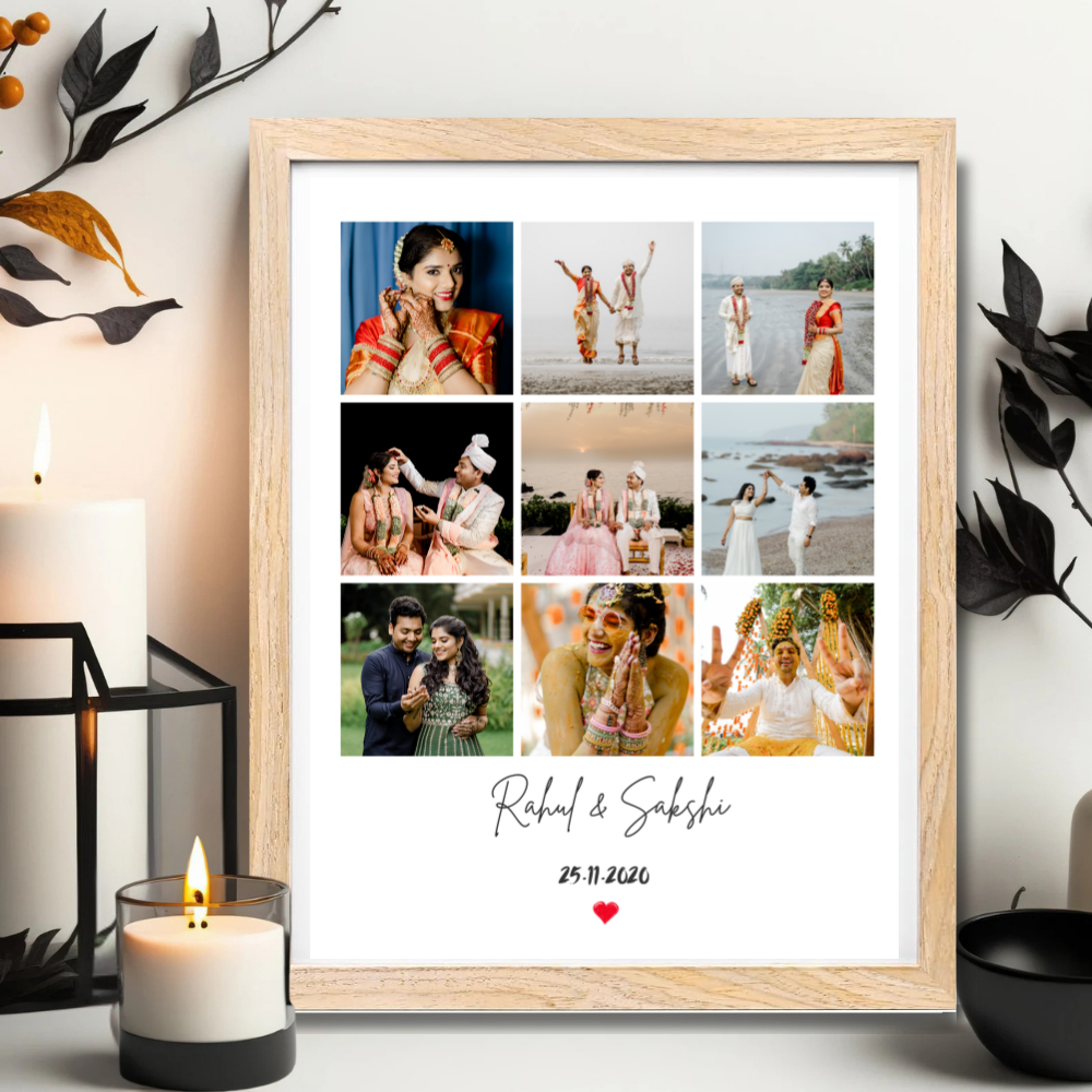 Personalized Photo Collage Frame – 9 grid frame Wooden Frame | Anniversary, Couple Gift, Name & Date Print