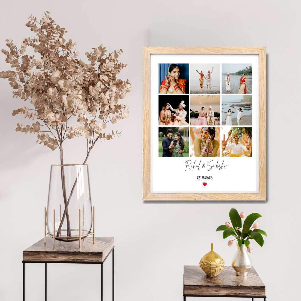 Personalized Photo Collage Frame – 9 grid frame Wooden Frame | Anniversary, Couple Gift, Name & Date Print