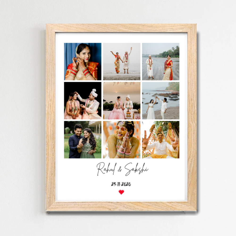 Personalized Photo Collage Frame – 9 grid frame Wooden Frame | Anniversary, Couple Gift, Name & Date Print