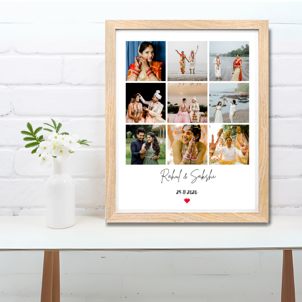 Personalized Photo Collage Frame – 9 grid frame Wooden Frame | Anniversary, Couple Gift, Name & Date Print