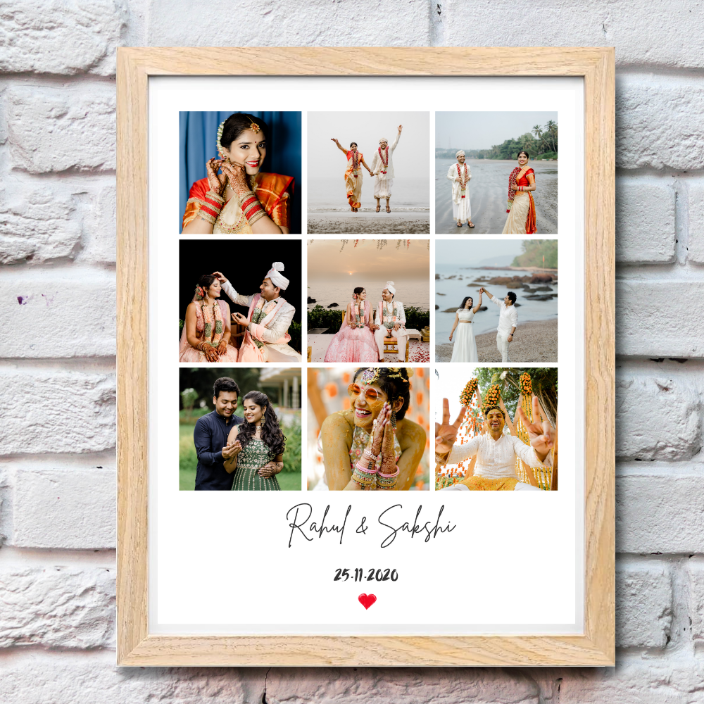 Personalized Photo Collage Frame – 9 grid frame Wooden Frame | Anniversary, Couple Gift, Name & Date Print