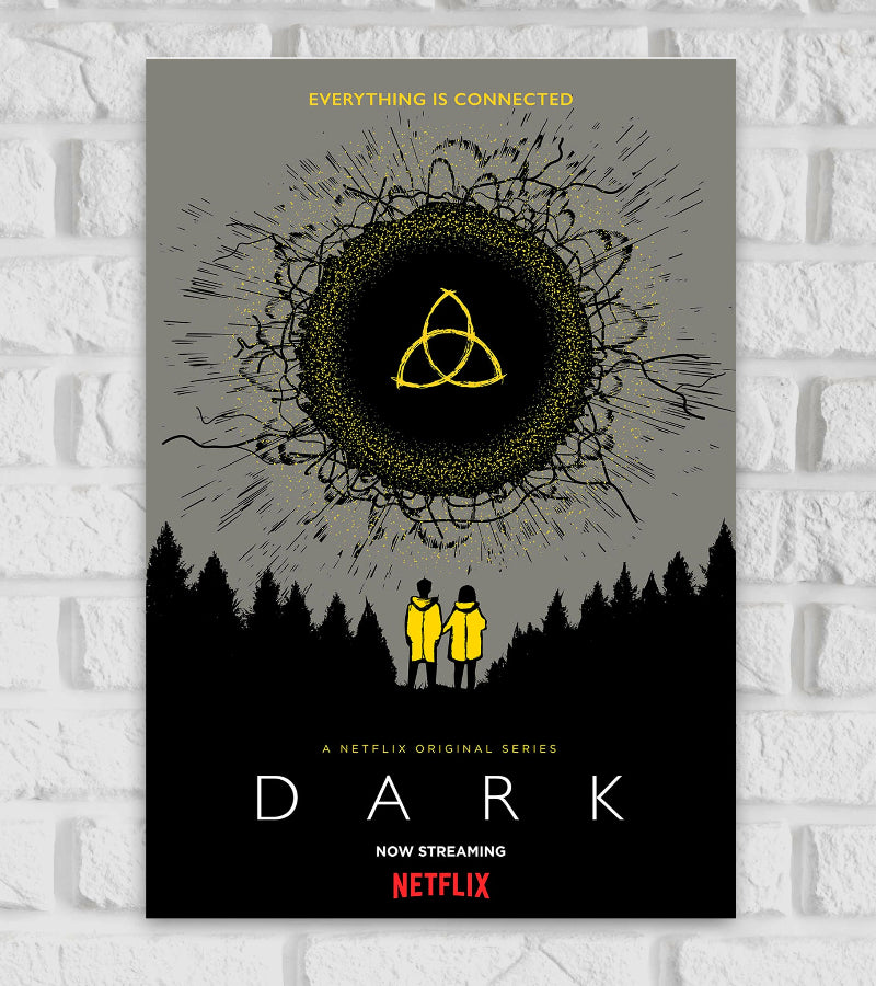 Poster for the Netflix original series "Dark." The design features two figures wearing yellow raincoats standing in a forest, facing a large black circular vortex in the sky, surrounded by glowing yellow particles and chaotic black lines. At the center of the vortex is a yellow triquetra symbol. Above the circle, the text reads “Everything is connected” in yellow. At the bottom, the title DARK is written in bold white letters, with "A Netflix Original Series and Now Streaming Netflix"beneath it in yellow