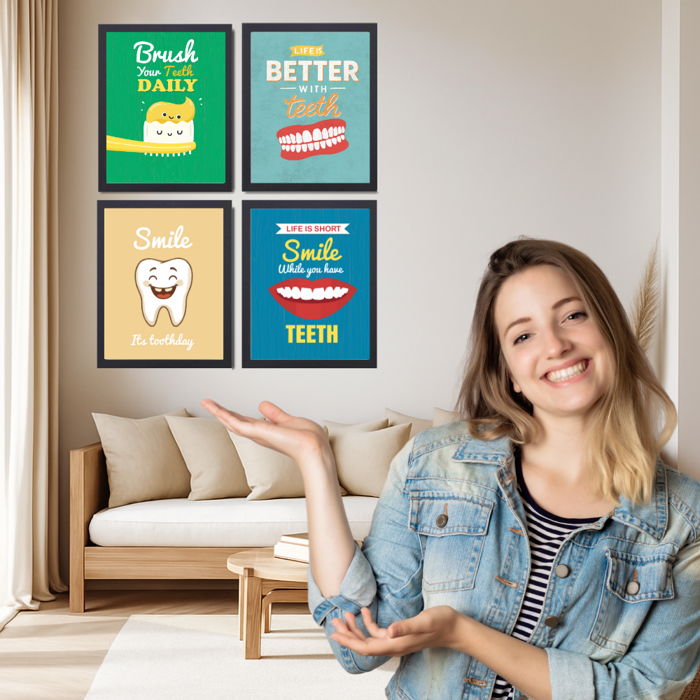 Dentist Funny Quote Wall Frames for Dental Clinic, Set of 4 Photo Frame for Hospital, With Hanging Hook | Brush Framed poster Pictures for Wall Decoration
