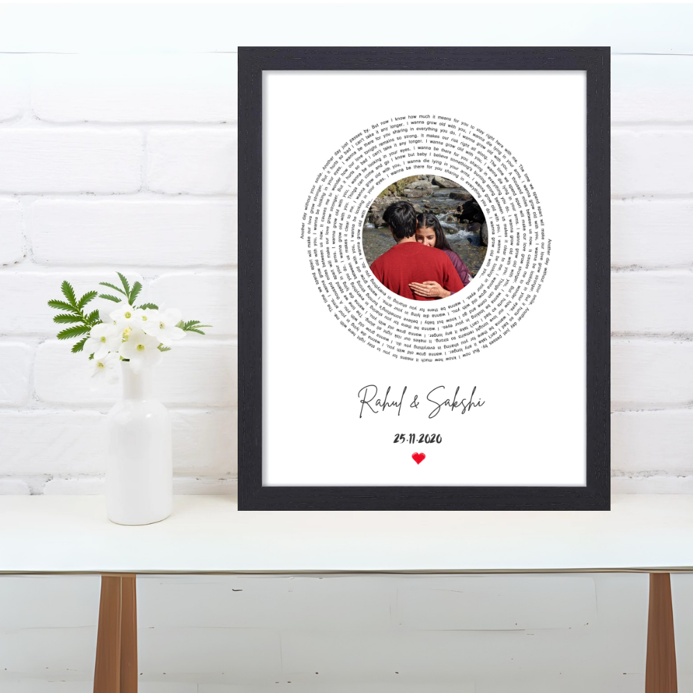Customized Photo Frame with Circular Text Design | Personalized Couple Gift | 10x13 Inch Wall Decor Frame for Anniversary, Wedding or Valentine's Day