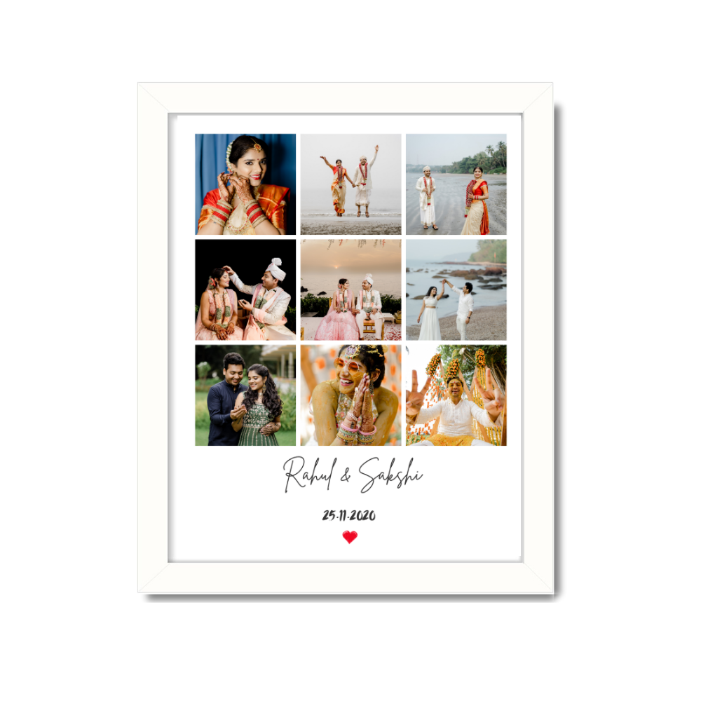 Personalized wedding collage with 9 photos in white frame, names "Rahul & Sakshi" and date, custom romantic gift for couple, custom wedding photo collage, personalized couple photo frame, 9 photo grid wedding frame, white frame anniversary gift, romantic custom wall decor, framed couple print, custom engagement gift, wedding date name photo frame, wedding picture frame collage, canvas couple photo wall art, personalized romantic gift for newlyweds, custom poster for wedding memories