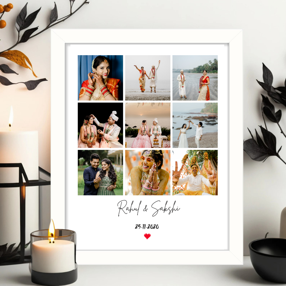 Personalized Wedding Photo Collage Frame – 9 Photo Grid with Names & Date | White Frame Wall Art