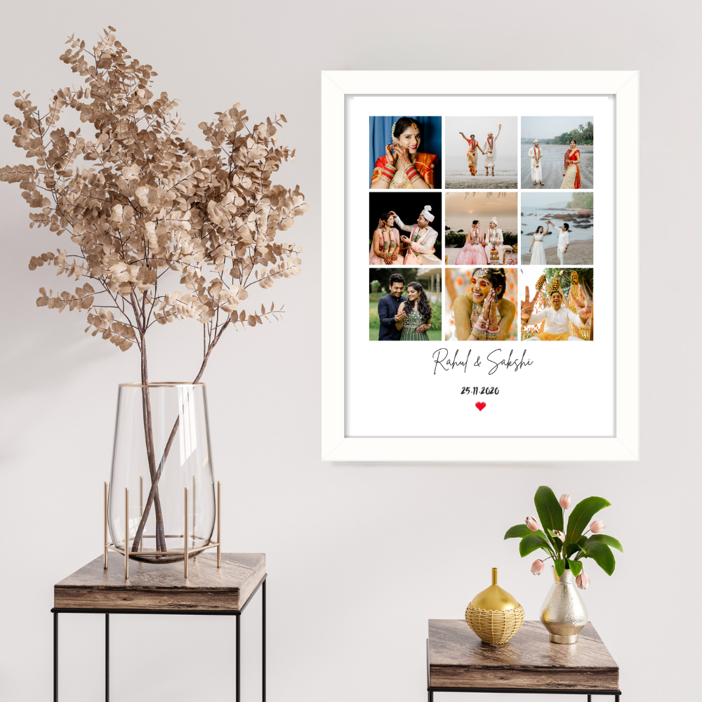 Personalized Wedding Photo Collage Frame – 9 Photo Grid with Names & Date | White Frame Wall Art