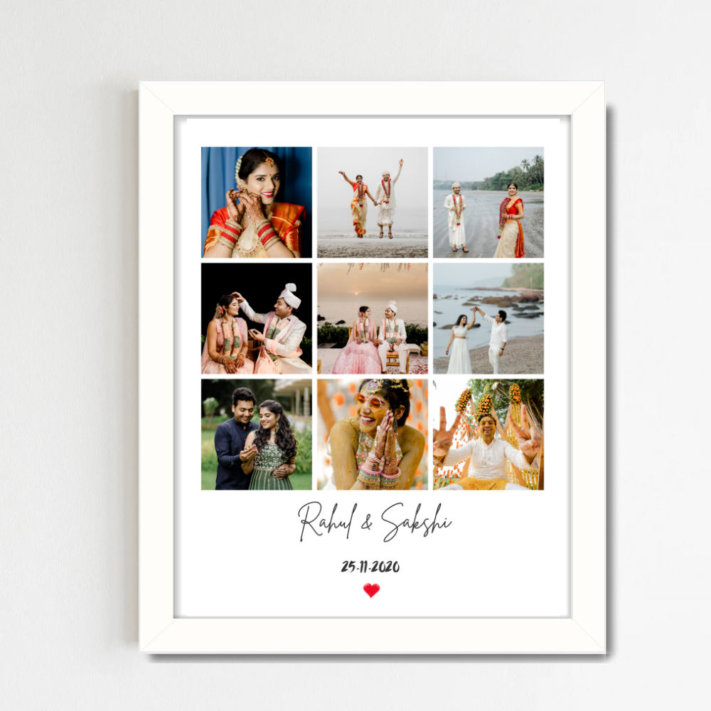 Personalized Wedding Photo Collage Frame – 9 Photo Grid with Names & Date | White Frame Wall Art