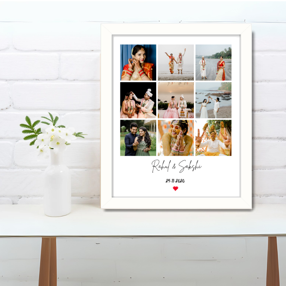 Personalized Wedding Photo Collage Frame – 9 Photo Grid with Names & Date | White Frame Wall Art