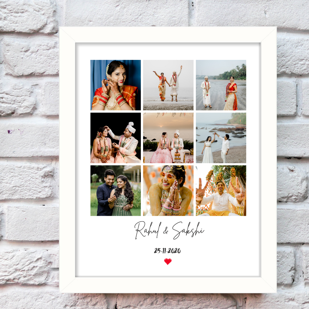Personalized Wedding Photo Collage Frame – 9 Photo Grid with Names & Date | White Frame Wall Art