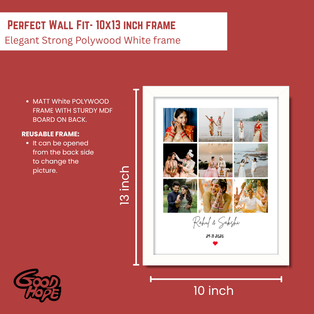 Personalized Wedding Photo Collage Frame – 9 Photo Grid with Names & Date | White Frame Wall Art