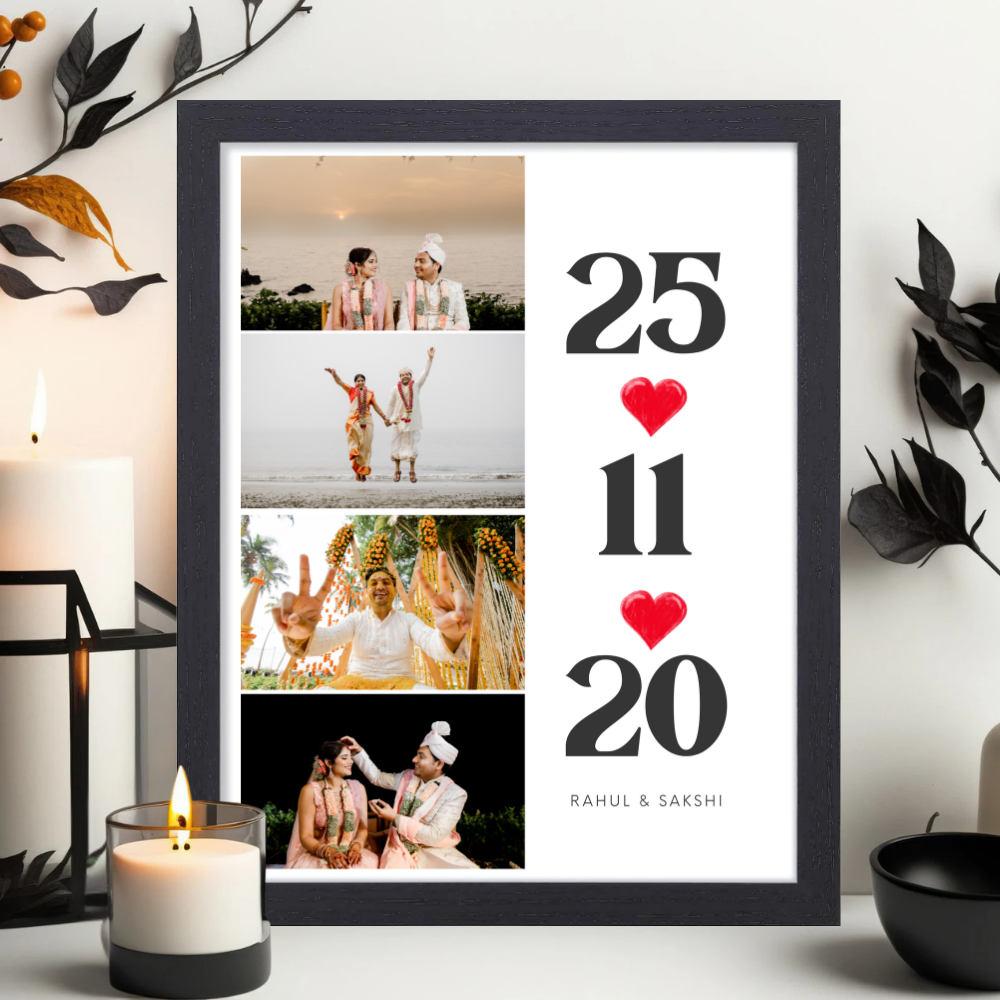 Custom Wedding Date Photo Frame | Personalized Couple Picture Frame with Name & 4 Photos