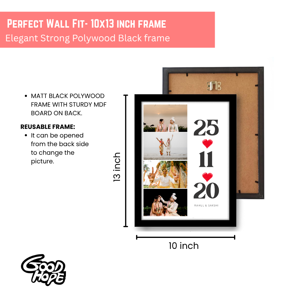 Custom Wedding Date Photo Frame | Personalized Couple Picture Frame with Name & 4 Photos