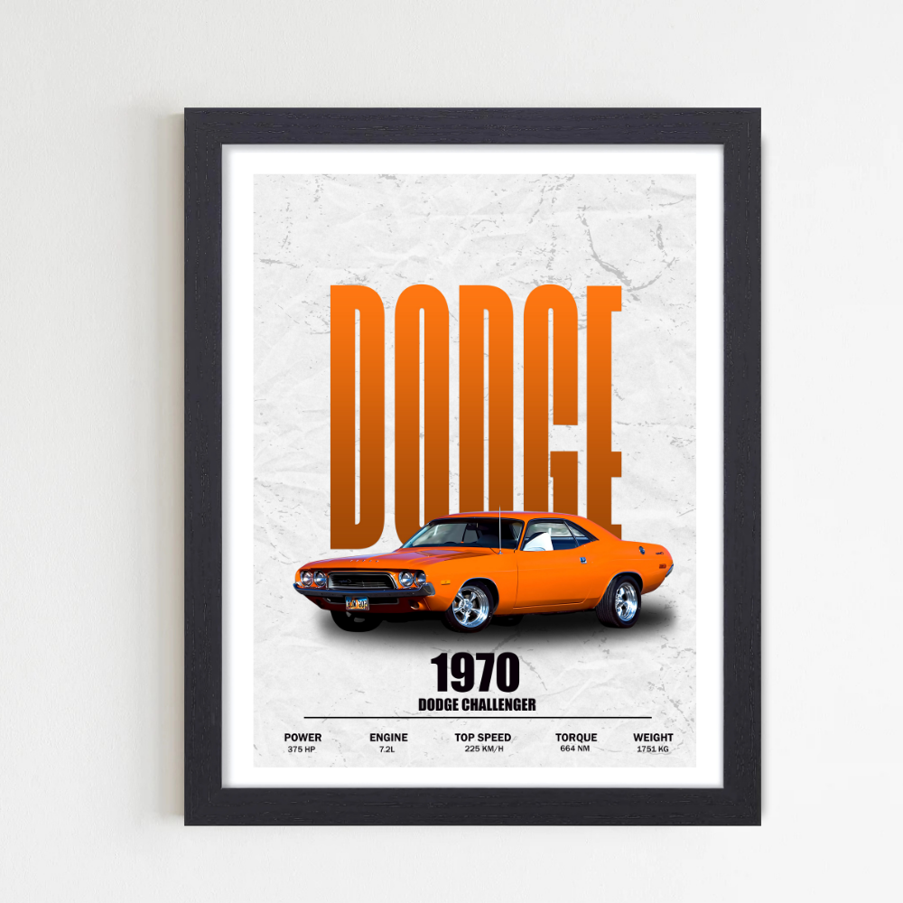DODGE Challenger インテリア アメ車 絵 1970 Dodge Challenger Framed Poster, Bright Orange Vintage Muscle