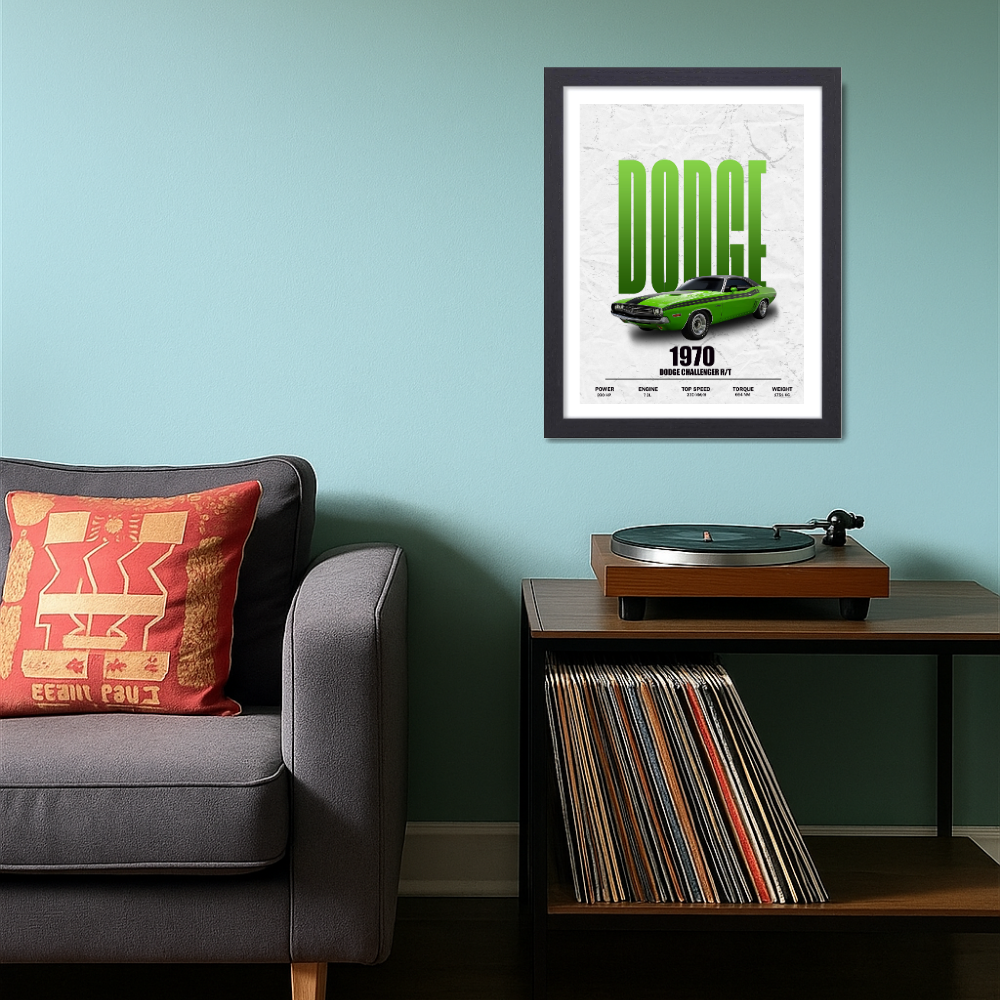 1970 Dodge Challenger R/T Poster Frame, Framed Car Wall Art, Vintage Print for Garage, Man Cave, Office, or Home Decor Living Room, Sports, Study Room Bedroom Hostel Boys