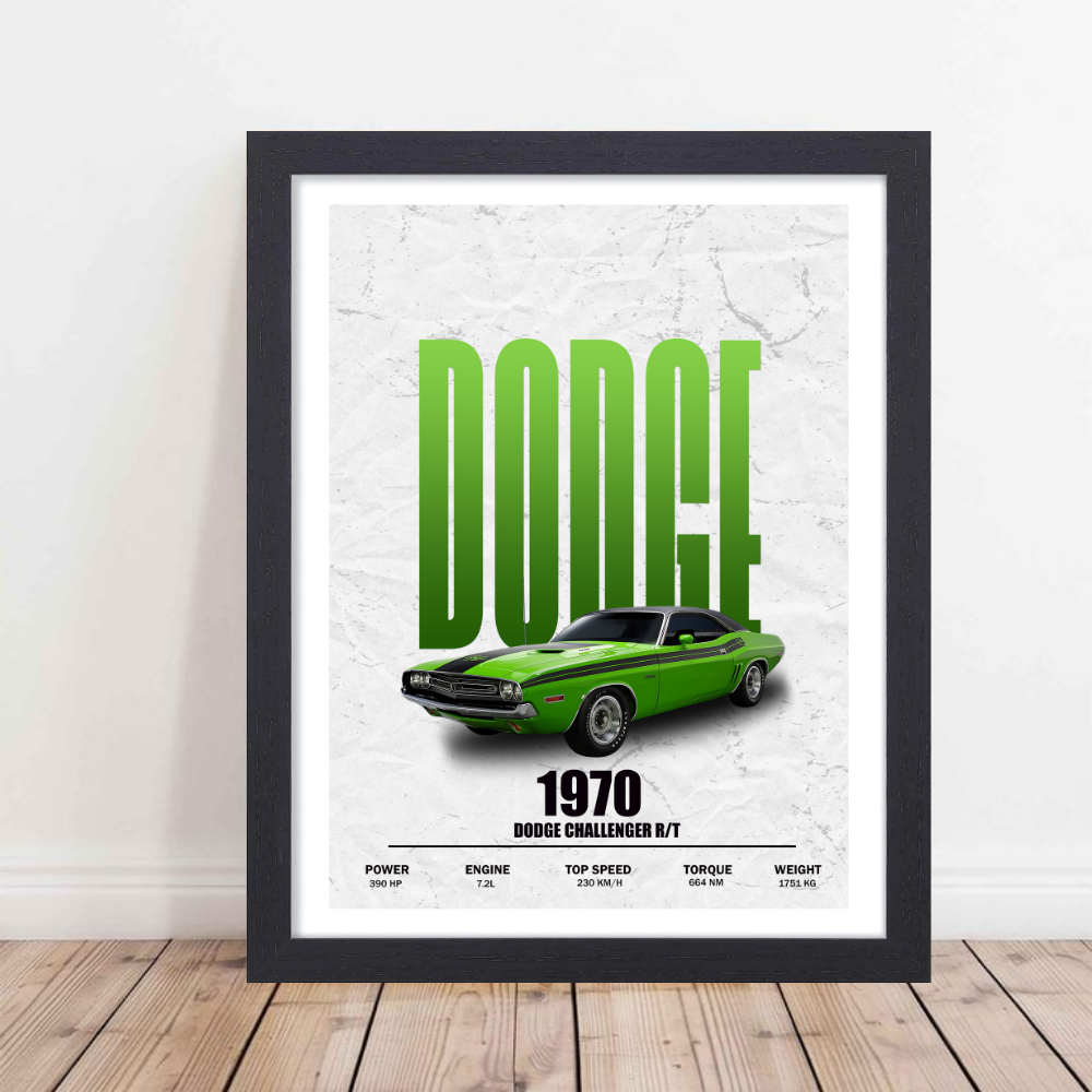 1970 Dodge Challenger R/T Poster Frame, Framed Car Wall Art, Vintage Print for Garage, Man Cave, Office, or Home Decor Living Room, Sports, Study Room Bedroom Hostel Boys