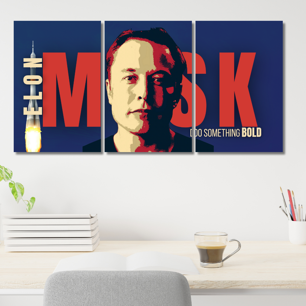 Elon Musk 3 Split Poster – Motivational Wall Art with Bold Typography and Rocket Launch Design