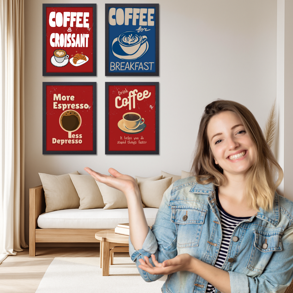 Coffee Quote Poster Frame Set of 4 Wall Framed Posters for Cafe Restraunt Coffee Photo Frames Paintings for wall decor Livingroom Kitchen Office Restro Decoration Items Cafe Painting