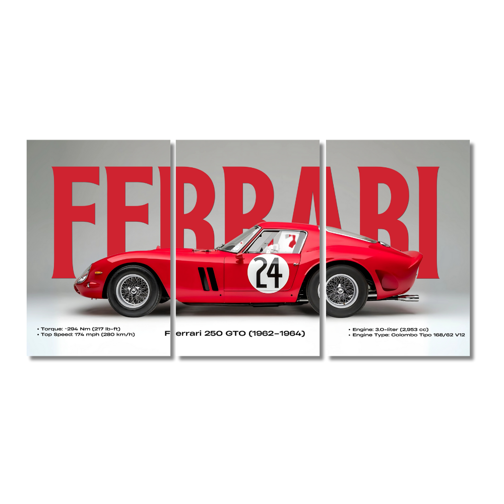 Ferrari 250 GTO 3-panel wall poster featuring a side profile of classic red race car with number 24 on a gray background and bold red "FERRARI" text, includes technical specifications Ferrari 250 GTO poster, vintage Ferrari wall art, classic race car print, Ferrari 24 artwork, retro car decor, collectible supercar poster, iconic Ferrari frame, luxury sports car art, Ferrari 1962 GTO print, Colombo V12 Ferrari, high-performance car poster