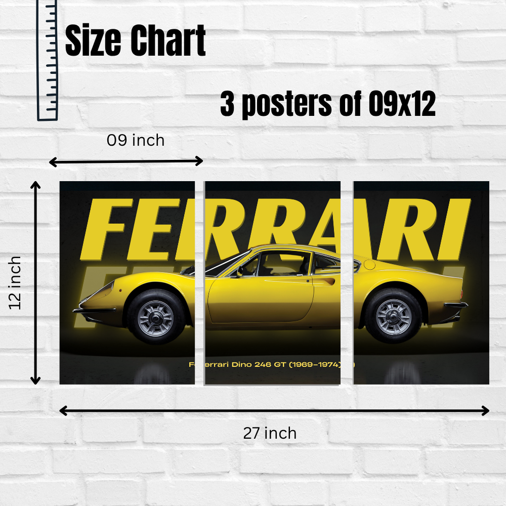 Ferrari Dino 246 GT Classic Car Poster – 3 Panel Split Wall Art (1969–1974)