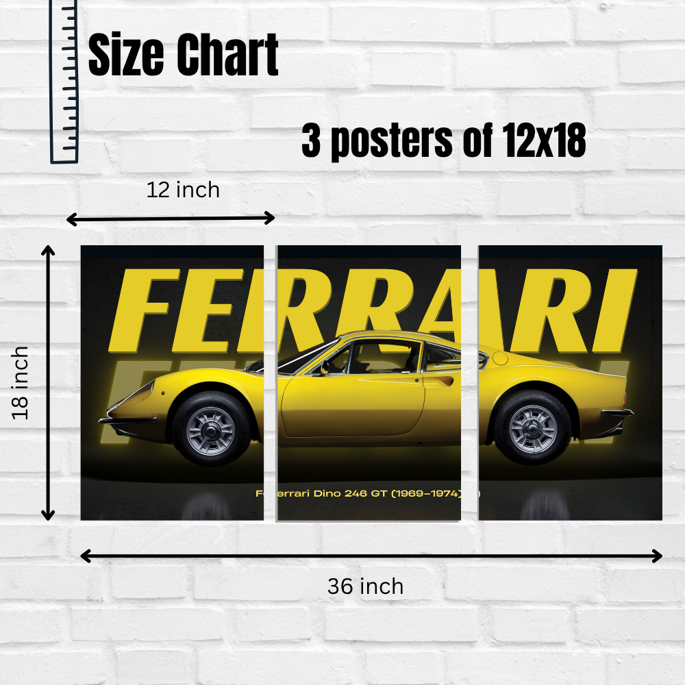 Ferrari Dino 246 GT Classic Car Poster – 3 Panel Split Wall Art (1969–1974)