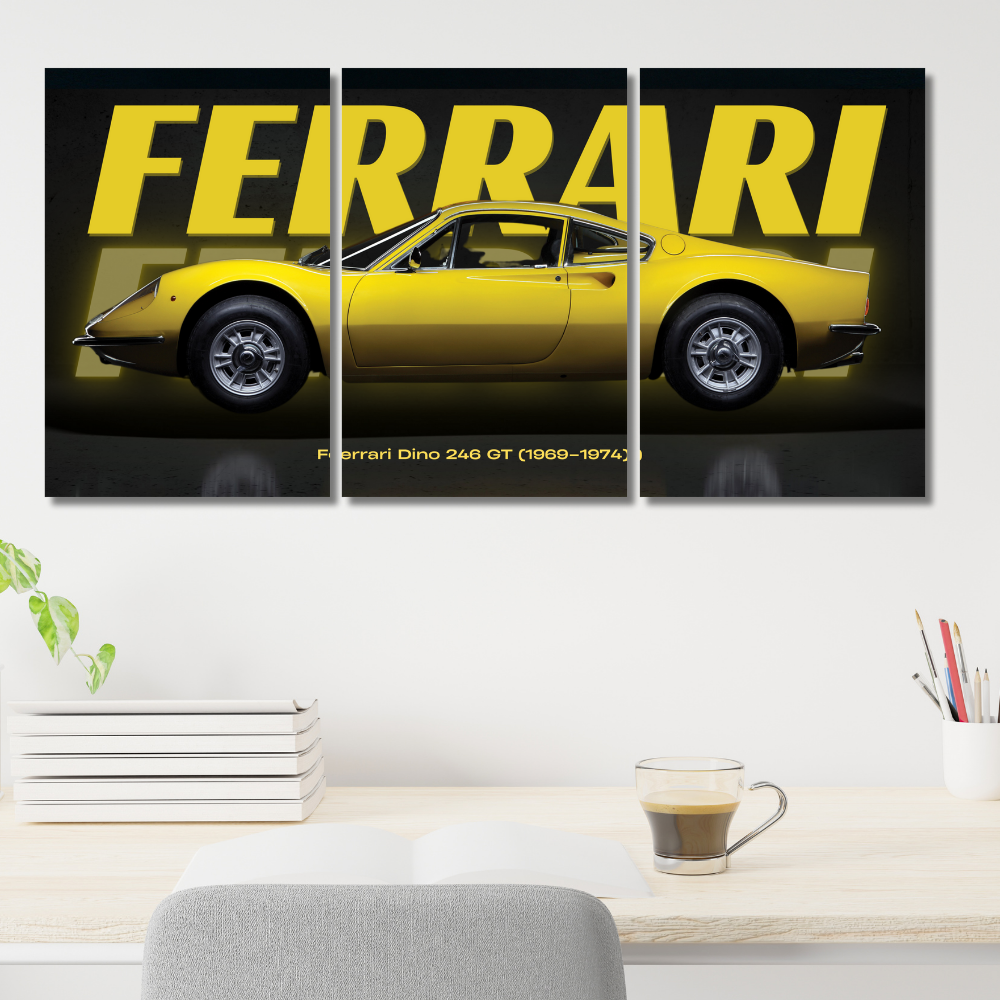 Ferrari Dino 246 GT Classic Car Poster – 3 Panel Split Wall Art (1969–1974)