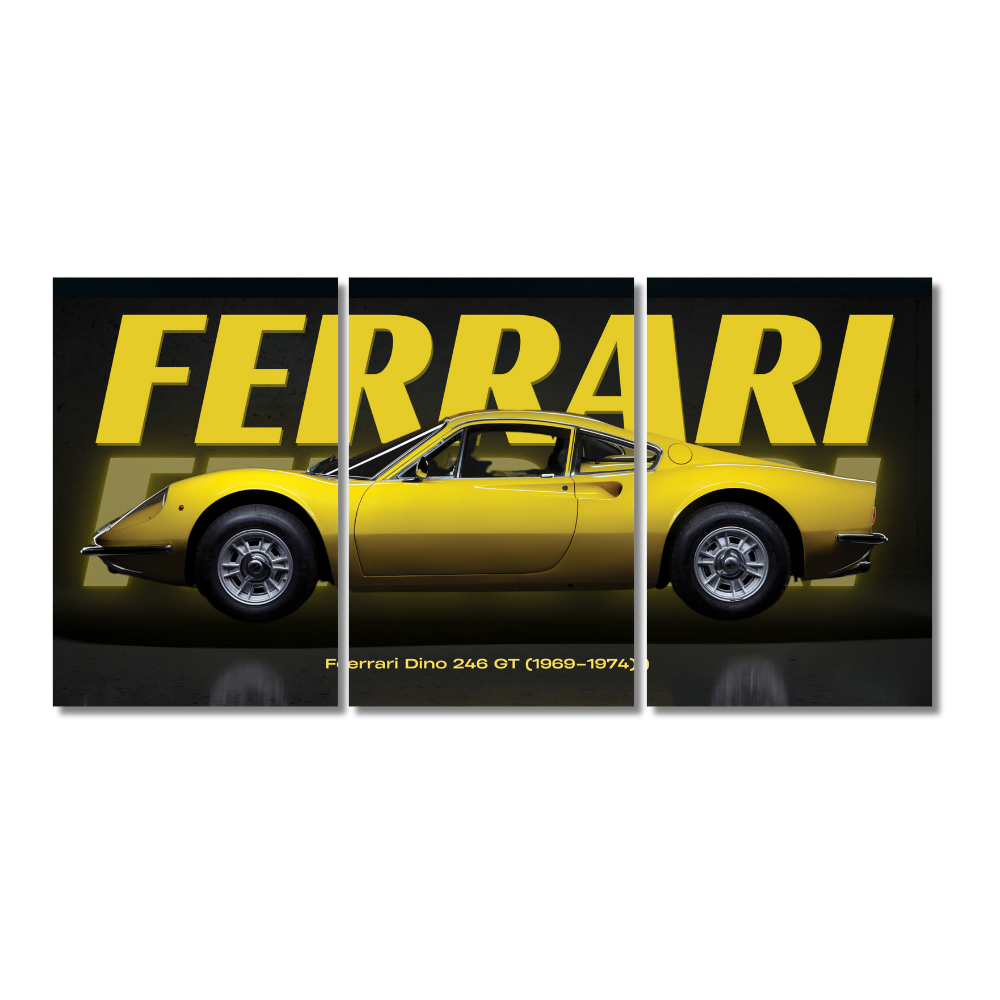 3-panel wall art of yellow Ferrari Dino 246 GT (1969–1974) side profile with bold FERRARI background text. Ferrari poster, Dino 246 GT wall art, classic car split poster, Ferrari wall decor, vintage sports car frame, yellow Ferrari artwork, garage car decor, Ferrari Dino 1969, luxury car wall print, retro Ferrari photo frame. The Ferrari Dino 246 GT (1969–1974) is an iconic Italian sports car Yellow Sports Car