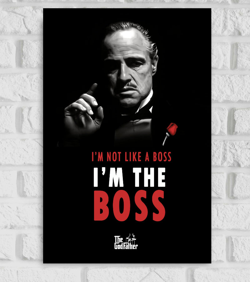 "Poster of The Godfather featuring a black-and-white illustration of the iconic character in a tuxedo with a red rose on his lapel. The text reads 'I’M NOT LIKE A BOSS, I’M THE BOSS' in bold red and white typography. The logo of The Godfather is displayed at the bottom." American epic gangster film Mario Puzo New York Cime Action thrill Drama Hollywood Actor Acress