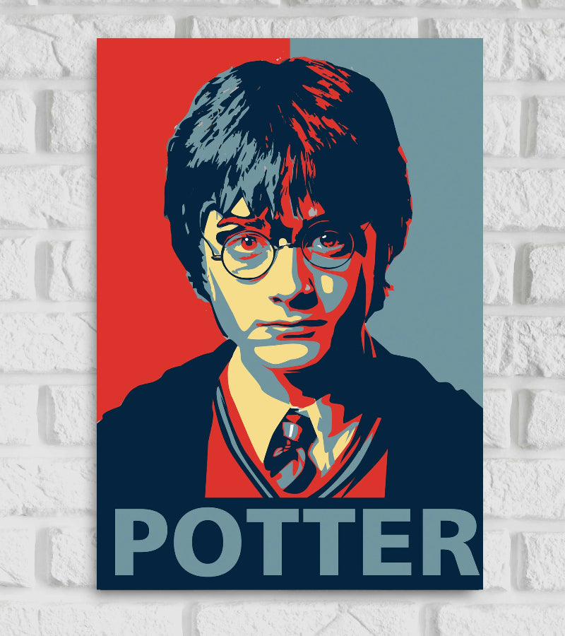 Stylized poster of Harry Potter in a pop art design inspired by the famous "Hope" poster style. The image features Harry with his iconic round glasses and school uniform, divided into bold blocks of red, blue, and beige tones. The word "POTTER" is written in large capital letters at the bottom in a matching blue shade. Hollywood Movies