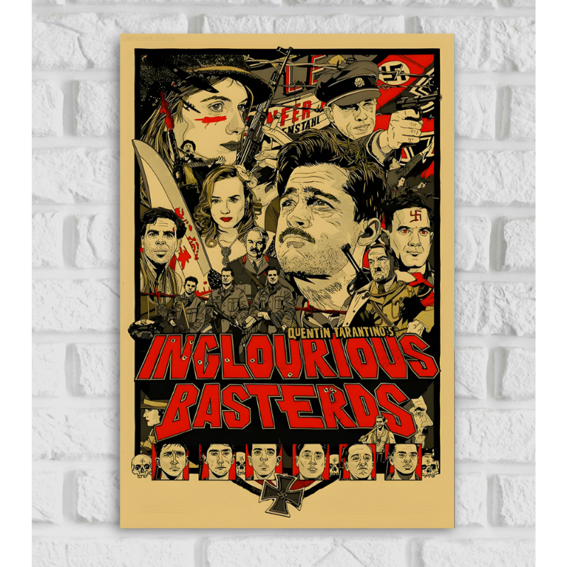Poster of the movie 'Inglourious Basterds' directed by Quentin Tarantino, featuring a highly detailed and stylized collage of characters from the film in a bold red, black, and beige color palette. Central figures include Brad Pitt's character with a prominent scar and pipe, surrounded by other key characters holding weapons and in dramatic poses. Nazi symbols and war imagery are incorporated throughout. The movie title 'INGLOURIOUS BASTERDS' is written in large red block letters at the bottom