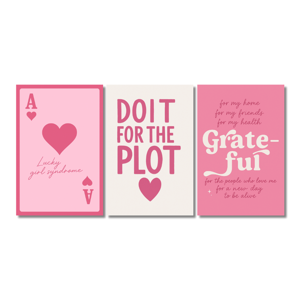 Motivational Poster Set – 3 Panel Pink Wall Art – “Lucky Girl Syndrome”, “Do It for the Plot”, and “Grateful” Inspirational Quotes for Girls & Women, pink aesthetic wall art, motivational quote posters, lucky girl syndrome print, do it for the plot poster, grateful mindset wall art, girl boss decor, teen girl room wall art, aesthetic heart posters, self love poster set, positive affirmation wall decor, modern motivational prints for women