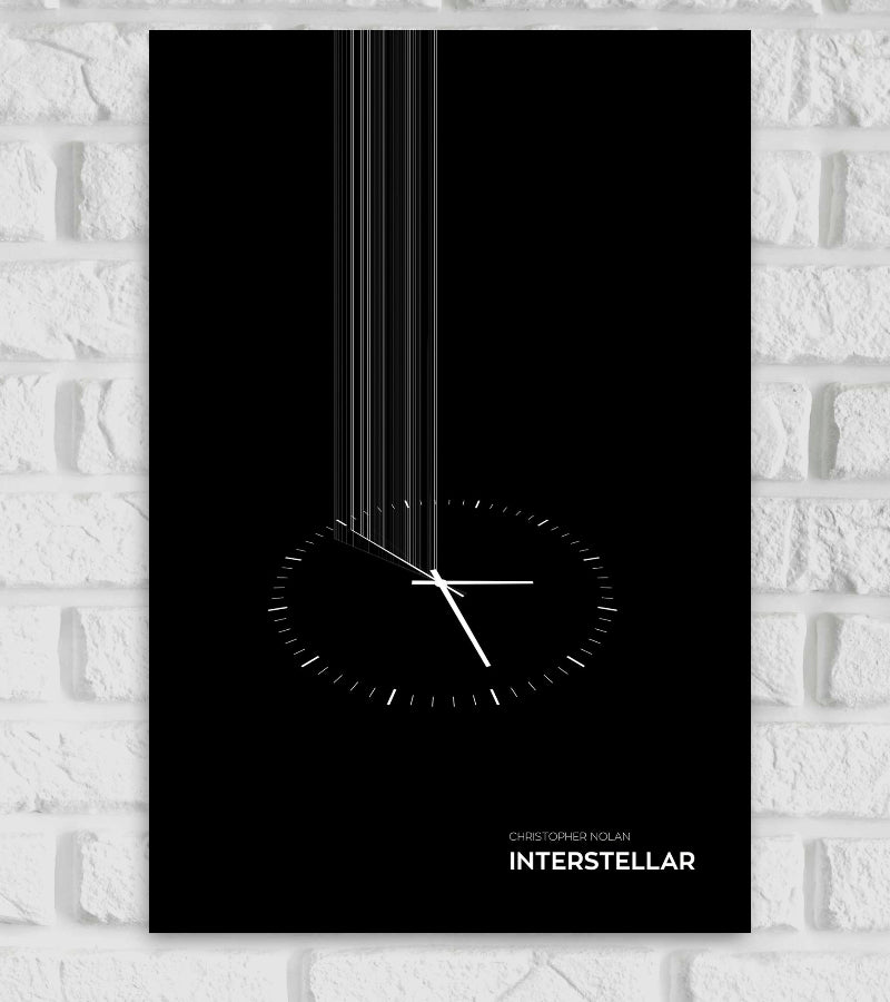 Minimalist poster of Interstellar by Christopher Nolan, featuring a black background with a white analog clock. The clock’s hands form lines extending vertically upwards, representing time and gravity. The title “INTERSTELLAR” and “CHRISTOPHER NOLAN” are written in white at the bottom right corner Hollywood Movies epic science fiction film