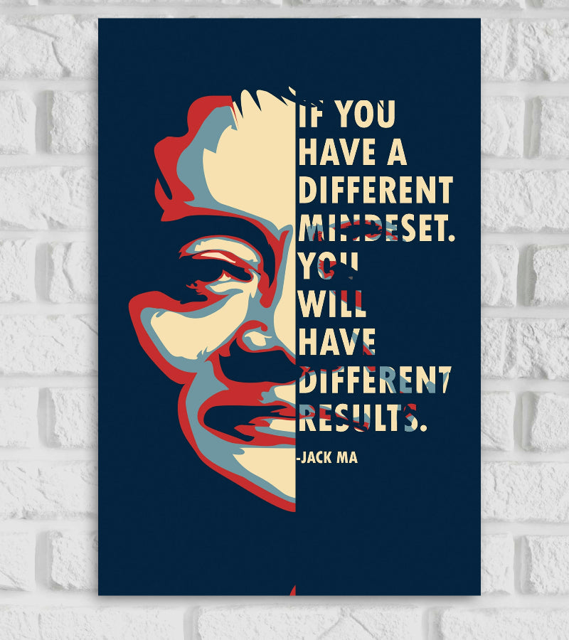 Poster of Jack Ma in a stylized pop-art design with bold colors—red, blue, and cream—featuring a half-face portrait aligned vertically with a motivational quote: 'If you have a different mindset, you will have different results.' – Jack Ma