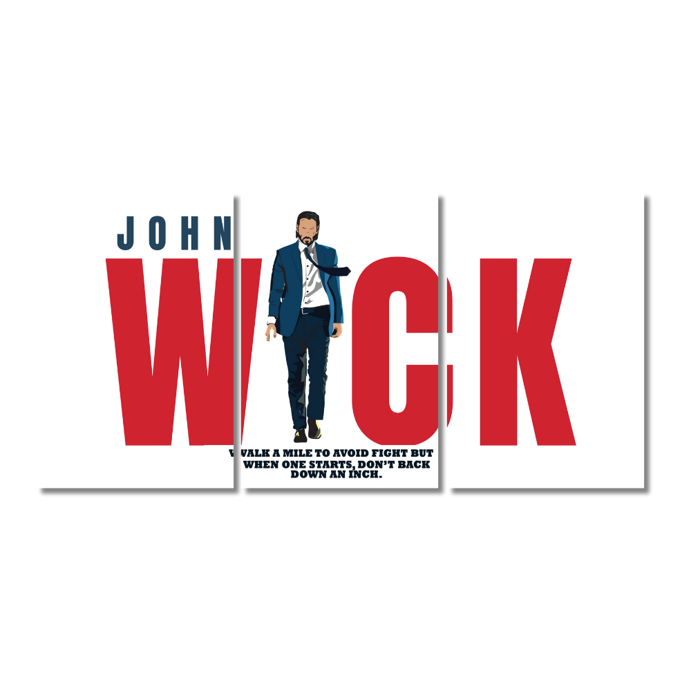 John Wick 3-panel split wall poster featuring Keanu Reeves walking in a suit with bold red "WICK" text and quote on white background. John Wick poster, Keanu Reeves wall art, action movie poster, Wick quote print, John Wick decor, badass character poster, fight quote poster, movie fan frame, John Wick gift, hitman poster, action hero Walk a mile to avoid fight but when one starts, don’t back down an inch. Baba Yaga