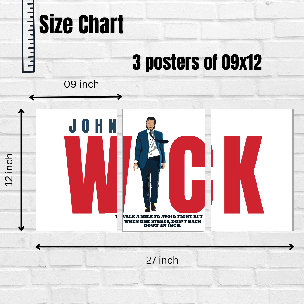 John Wick 3-Piece Split Poster | Action Hero Wall Art with Famous Quote